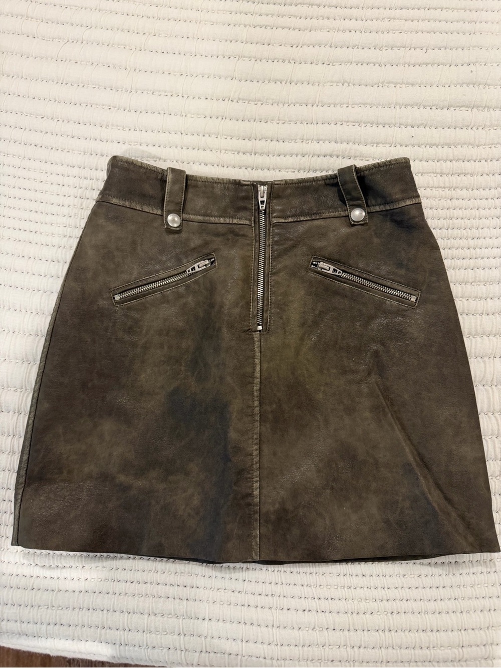 Blank NYC Olive-Brown Faux Leather Mini Skirt with Front Zippers
